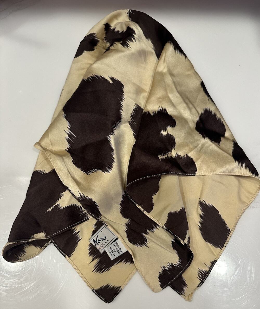 Vintage Nick & Nora New York Silk Scarf 20"Square Brown Tan Abstract Cow Print